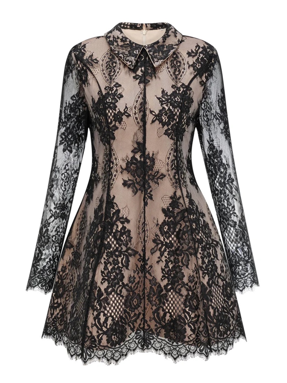 Black Lace Long Sleeve A-Line Dress with Nude Underlayer